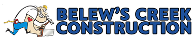 Logo for Belew's Creek Construction featuring a cartoon construction worker hammering a wood block. Dark blue text.