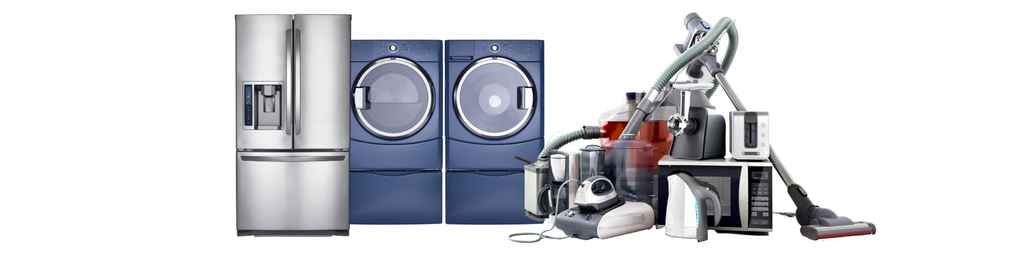 Stainless steel and blue appliances, plus vacuum and cleaning tools, arranged on a white background