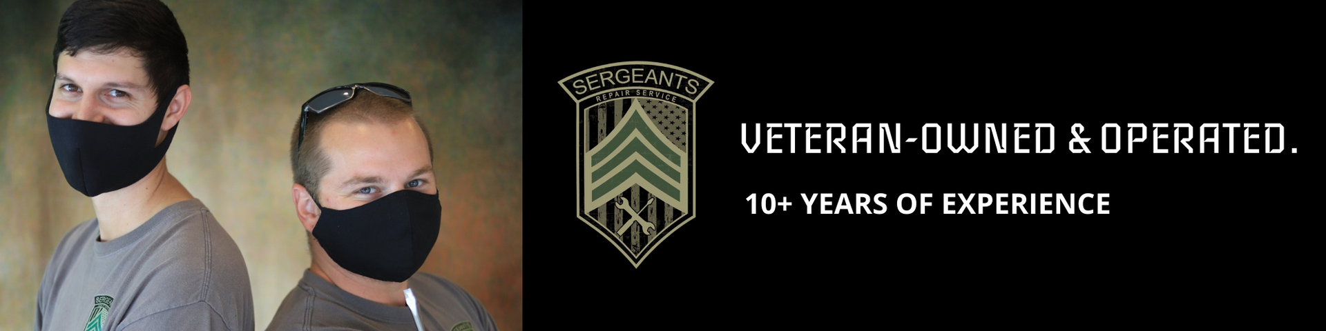 Logo with two masked people and text: “Veteran-owned & operated, 10+ years of experience.”