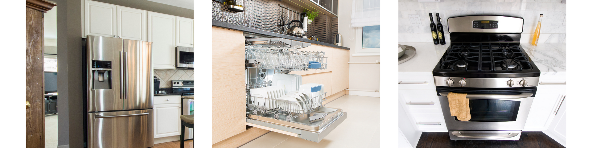 Collage of a stainless steel refrigerator, a kitchen sink, and a stainless steel stove in a bright kitchen