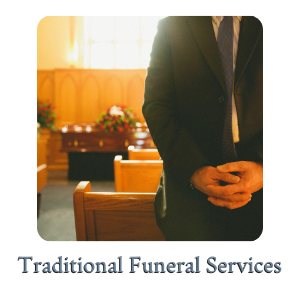 Man in black suit standing in a bright funeral chapel with caskets and flowers; text reads “Traditional Funeral Services”