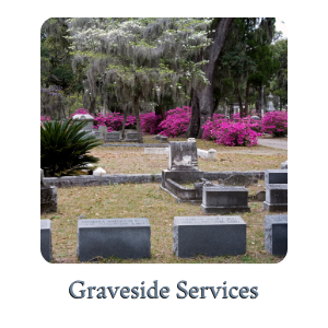 Graveside memorial scene with tombstones, pink flowers, and trees in a cemetery