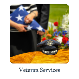 Veteran services graphic with folded U.S. flag, military cap, and flowers at a memorial setting