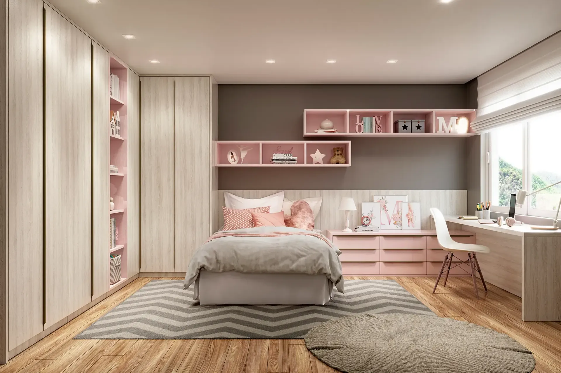 Dormitorio moderno en tonos pastel con cama, escritorio junto a la ventana y estanterías y armarios empotrados.