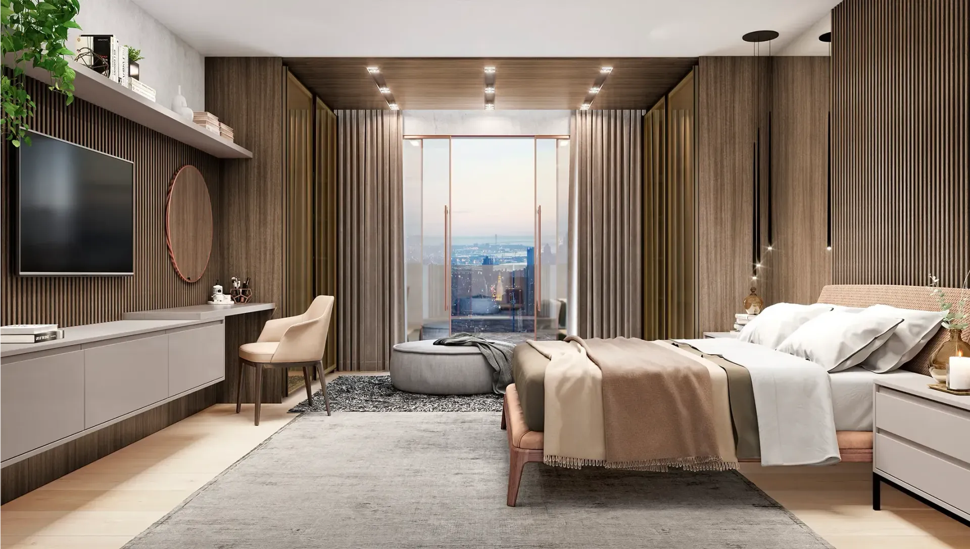 Habitación moderna con decoración en tonos beige, ventana grande, cama, escritorio, televisor y vista a la ciudad.