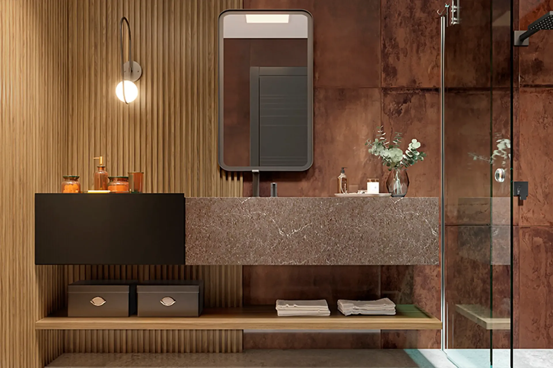 Tocador de baño moderno con pared de listones de madera, lavabo suspendido, espejo, lámpara colgante y mampara de ducha de cristal.