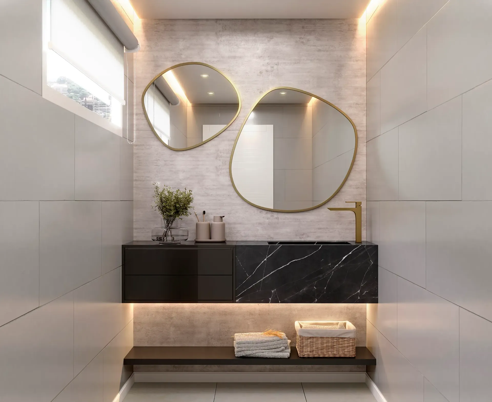 Tocador de baño moderno con espejos redondos, mueble de lavabo negro, grifo dorado e iluminación cálida.