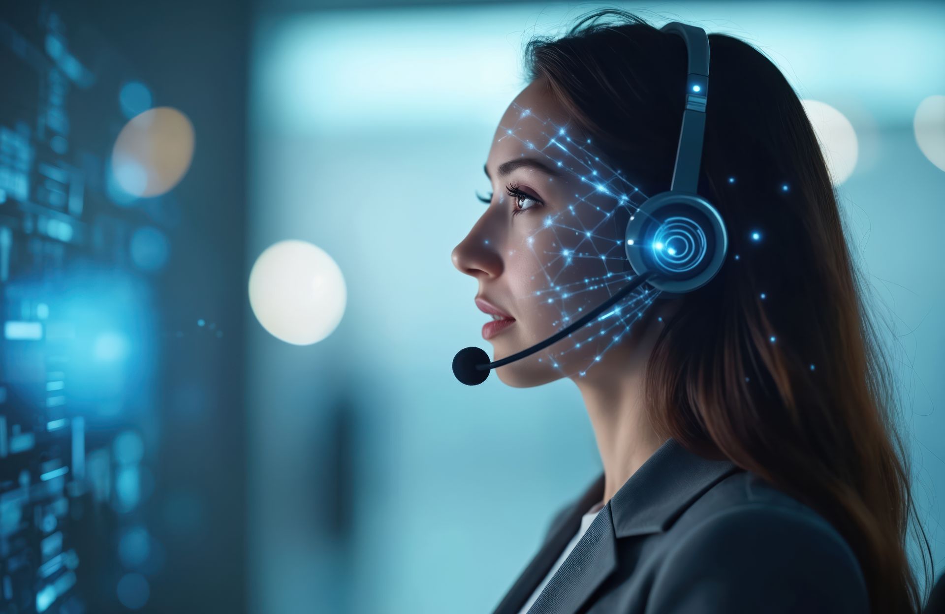 Mulher usando fone de ouvido, com luzes brilhantes no rosto, trabalhando em um escritório cheio de tecnologia.