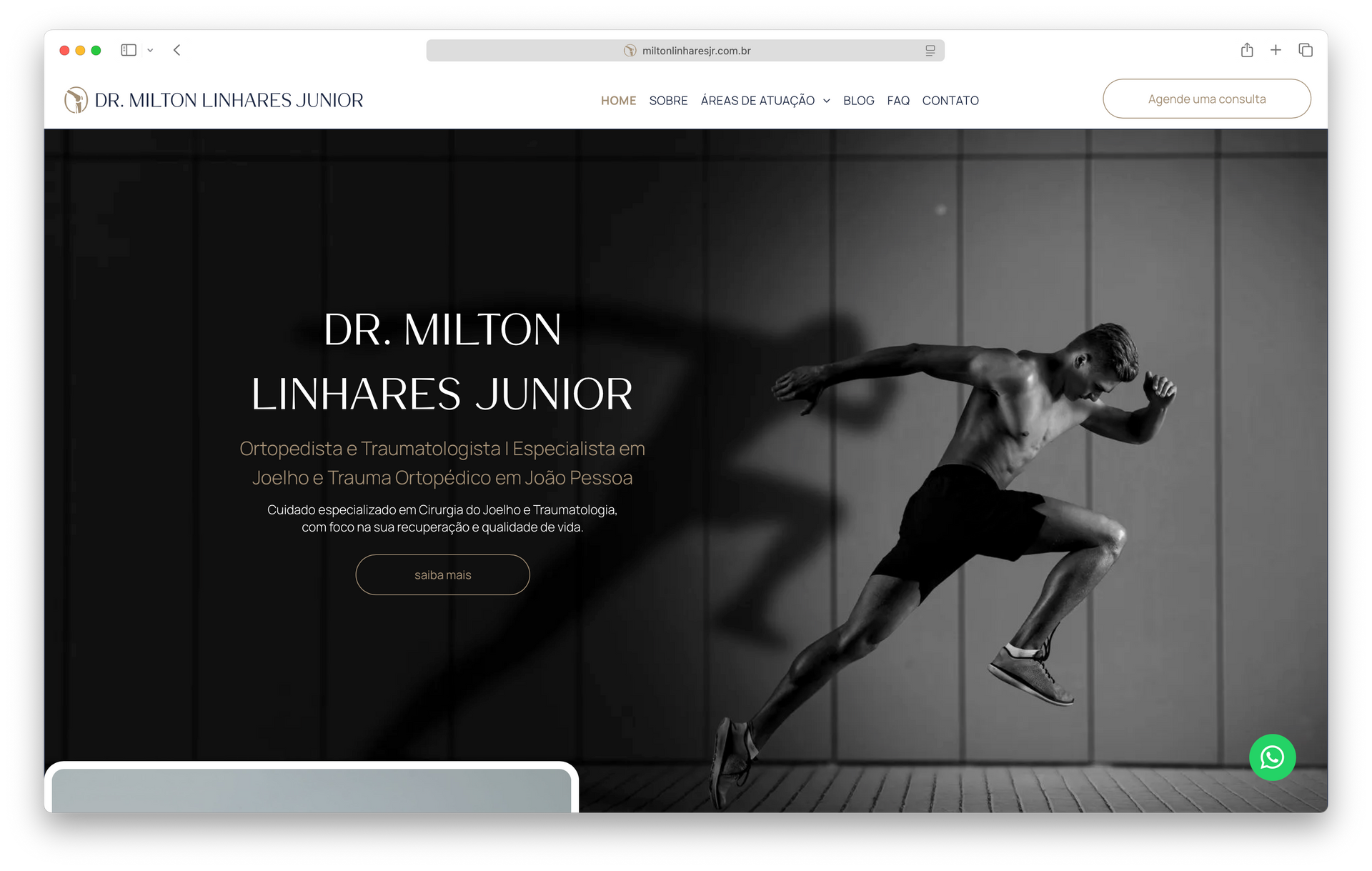 Site do Dr. Milton Linhares Junior: Homem atlético correndo, fundo escuro, preto e branco.