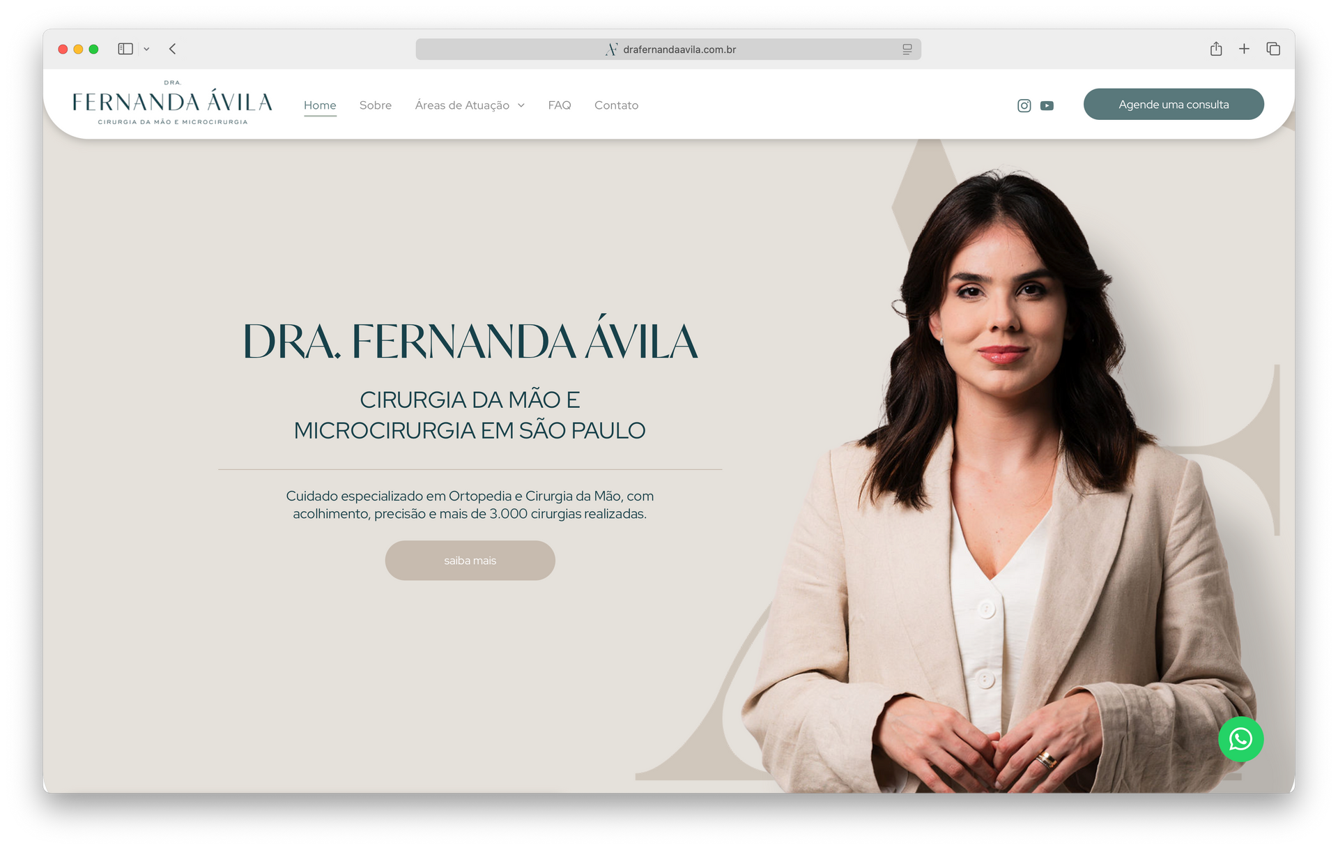 Dr. Fernanda Ávila website with a woman in a beige suit, São Paulo location.