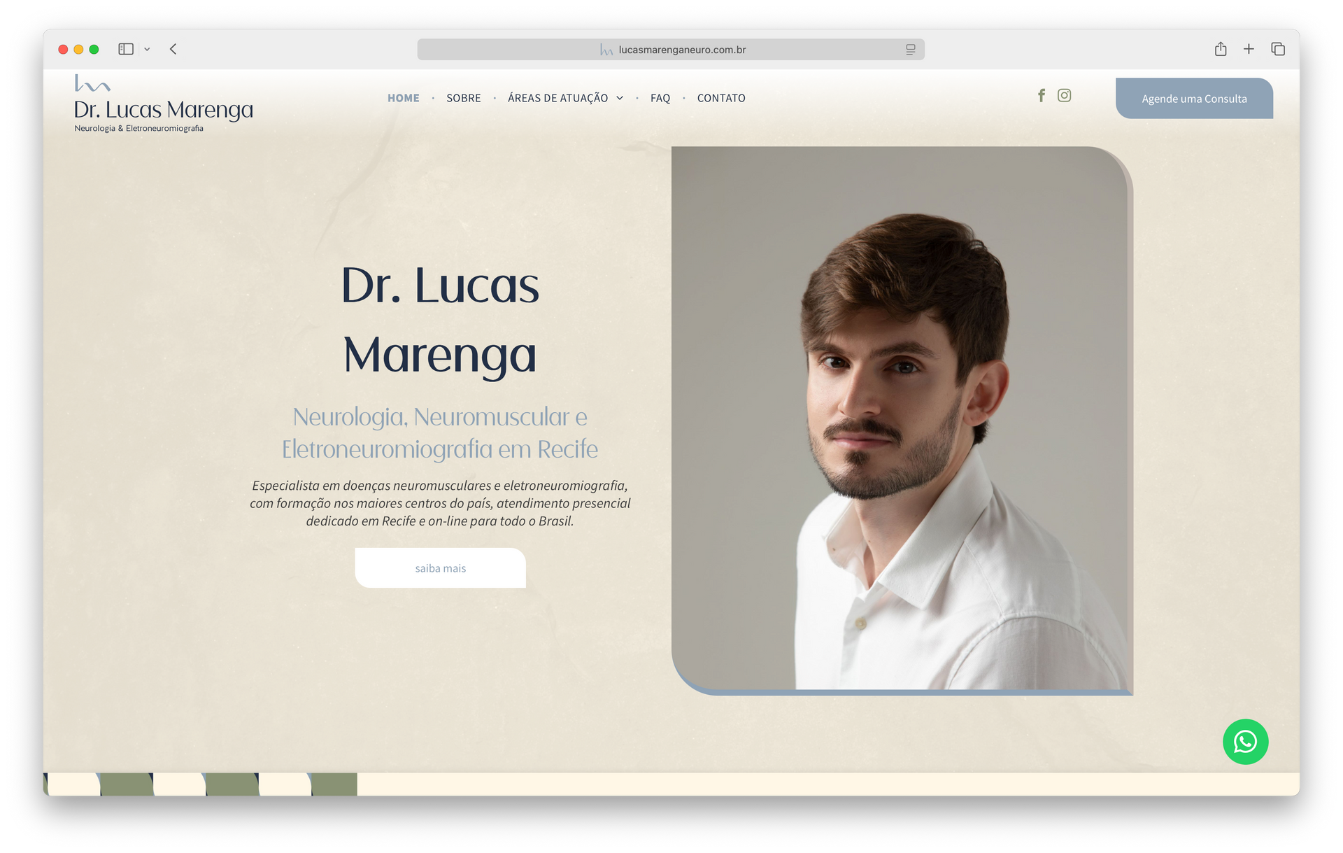 Página inicial do site com o Dr. Lucas Marenga, um homem de camisa branca.