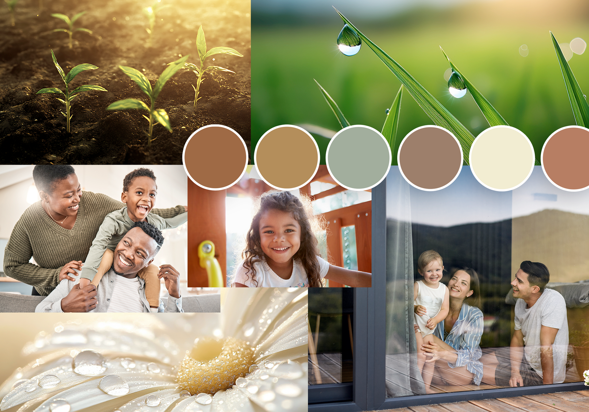 Colagem de plantas verdes, gotas de orvalho, fotos de família sorridentes e uma paleta de cores neutras.