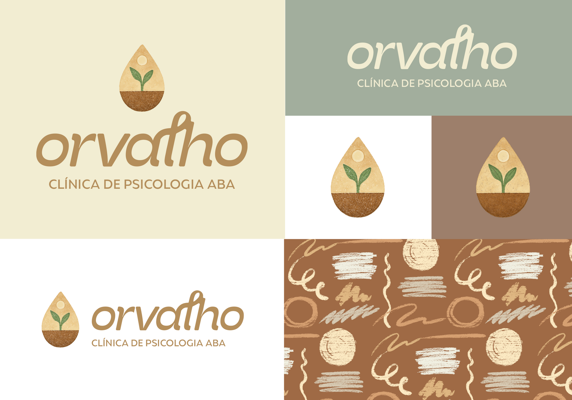 Colagem de identidade visual para o logotipo da clínica “Orvalho” em tons de bege, marrom e branco