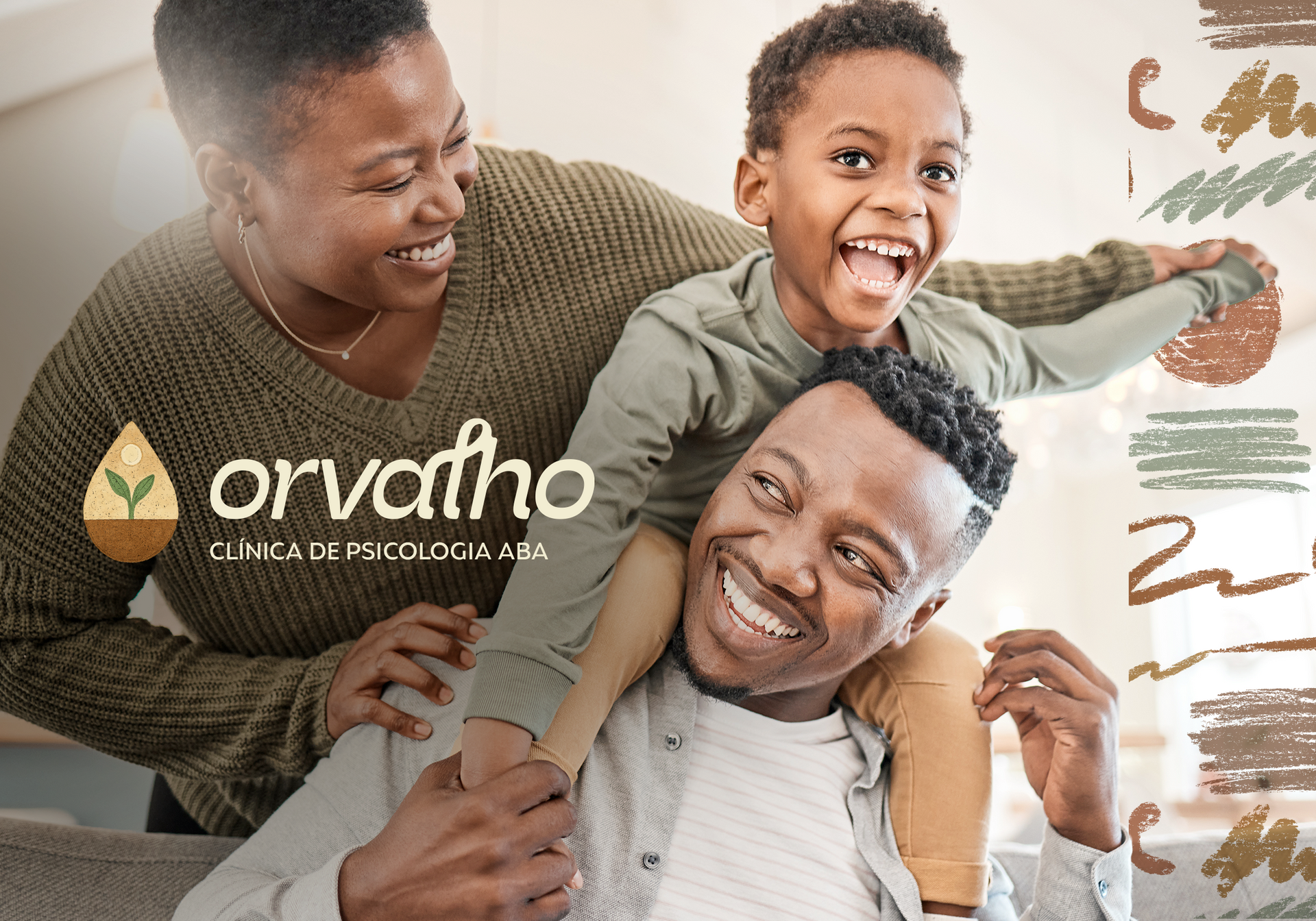 Smiling family on a couch with Orvalho logo and “clínica de psicologia” text