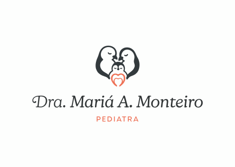 Logotipo da Dra. Maria A. Monteiro, pediatra, com três pinguins formando um coração, nas cores preto e laranja