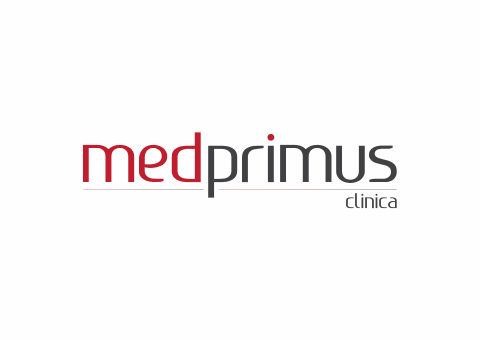Logotipo da clínica Medprimus em fonte vermelha e cinza sobre fundo branco.