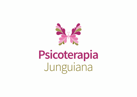 Logotipo da psicoterapia junguiana: símbolo de borboleta em rosa e verde acima do texto 