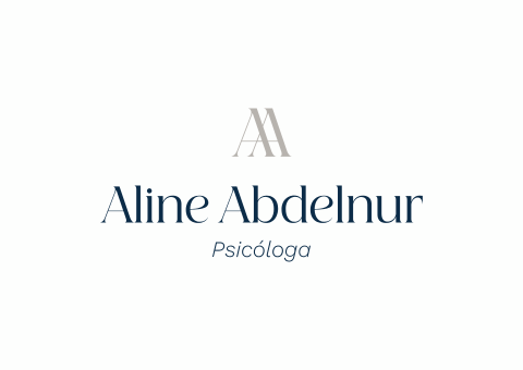 Logotipo: Aline Abdelnur, psicóloga. Texto em cinza e azul sobre fundo branco, com 