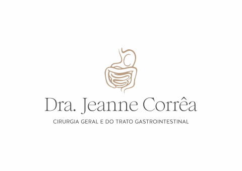 Logotipo da Dra. Jeanne Corrêa, cirurgiã geral e gastrointestinal. Apresenta um sistema digestivo ilustrado em bege.