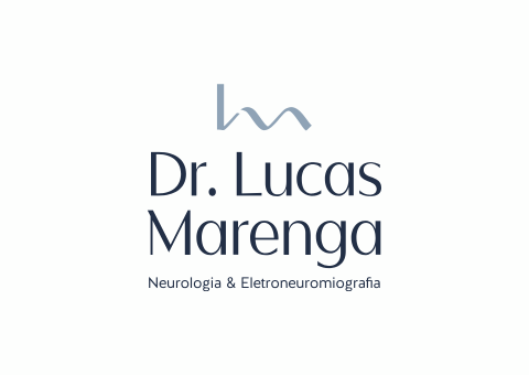Logo for Dr. Lucas Marenga: Texto e símbolo azul. 