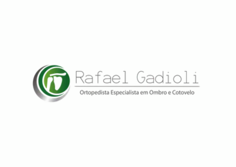 Logotipo para Rafael Gadioli, especialista em ortopedia. Apresenta um design verde e prateado de um ombro e texto.
