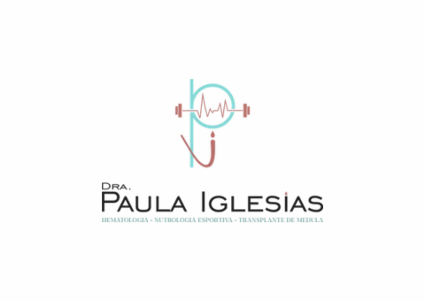 Logotipo: Dra. Paula Iglesias com P estilizado e batimentos cardíacos, halteres 