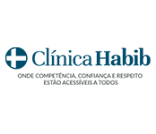 O logotipo da clínica habib é azul com uma cruz branca.