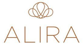 Um logotipo de uma empresa chamada Alira com uma flor no meio.