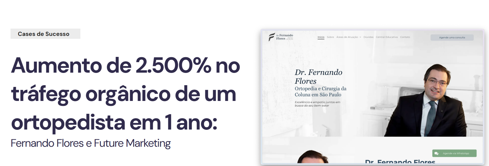 Banner de marketing com ortopedista e texto sobre aumento de 2.500% no tráfego orgânico em 1 ano.