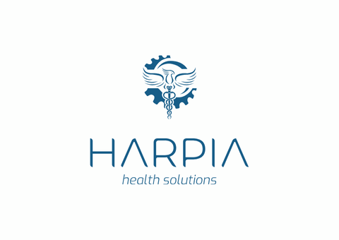 Logotipo da HARPIA health solutions: emblema com um caduceu sobre uma roda dentada, nome abaixo em azul-petróleo.