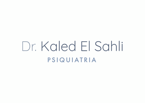 Dr. Kaled El Sahli, Psiquiatria, em fonte azul claro e marinho sobre fundo branco.