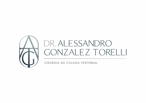 Logotipo do Dr. Alessandro Gonzalez Torelli, cirurgião de coluna. Apresenta as iniciais ATG em um design geométrico e texto.