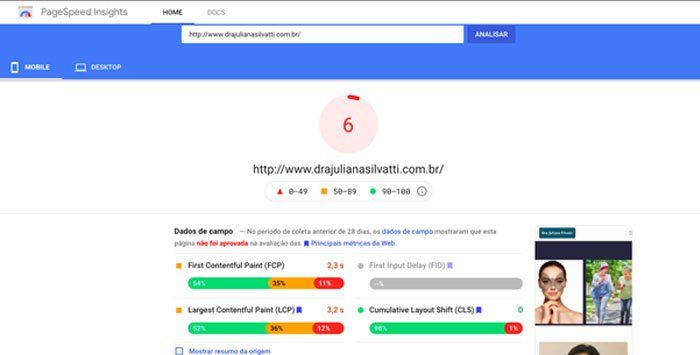 Avaliação do antigo website realizada através do PageSpeed Insights