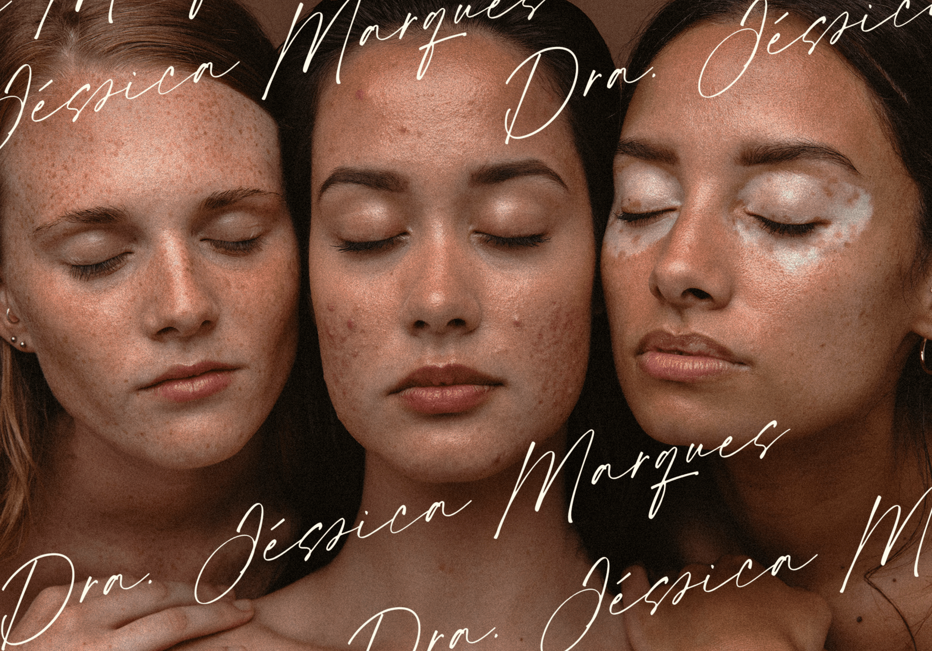 Três mulheres estão próximas uma da outra com os olhos fechados