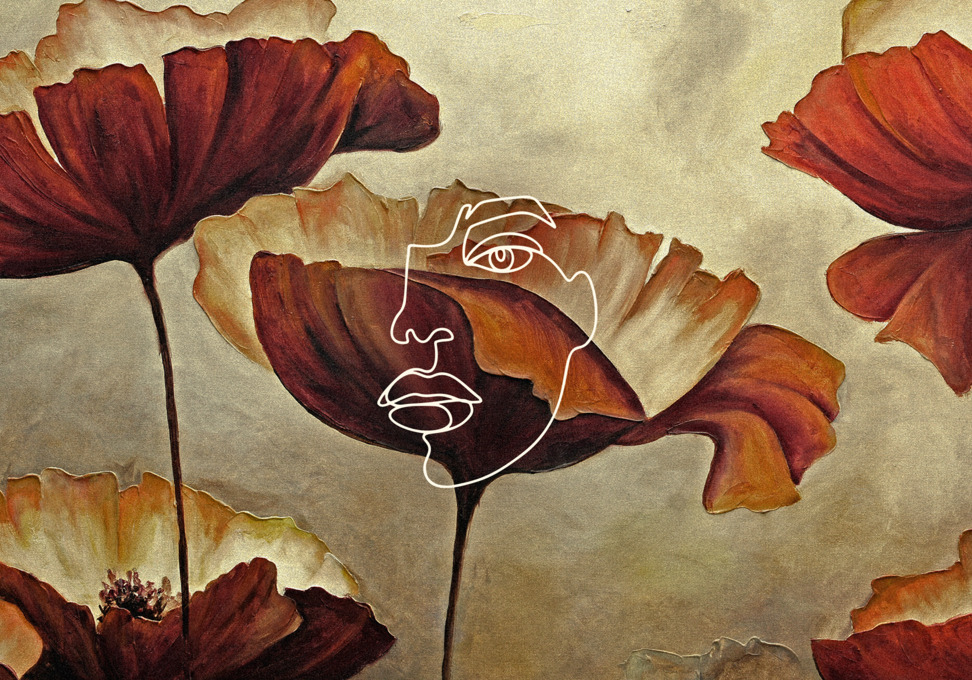 Uma pintura de flores com um rosto desenhado nelas