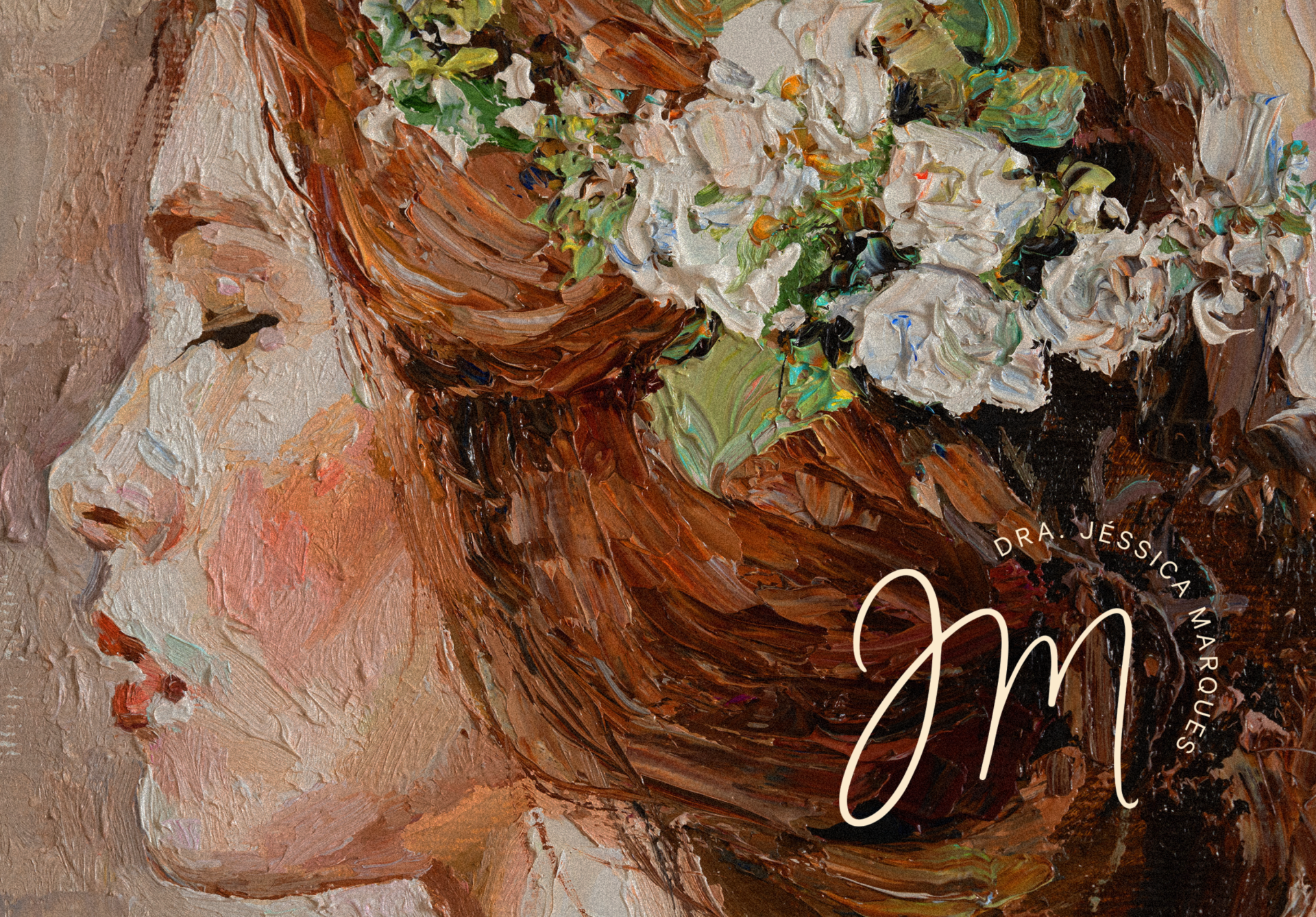 Uma pintura de uma mulher com flores no cabelo.