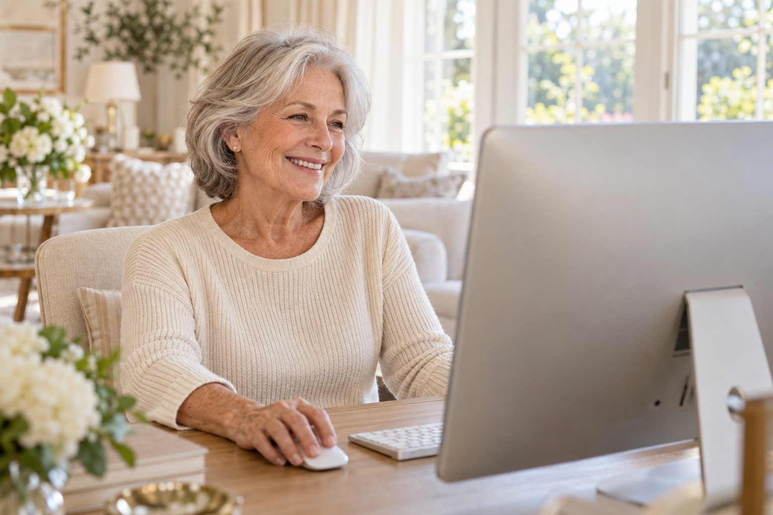 Mulher idosa acessando um site em casa