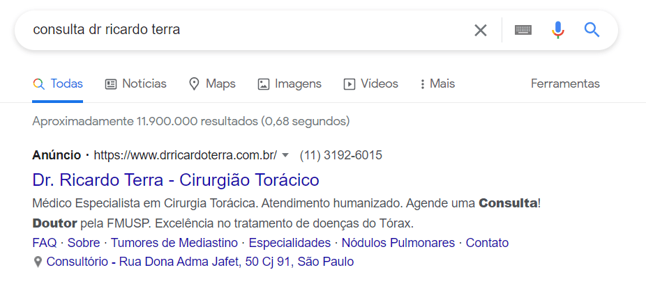 Uma captura de tela de uma pesquisa no Google por dr. ricardo terra