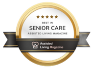 Award badge reading “Best in Senior Care,” with gold stars and Assisted Living Magazine branding.