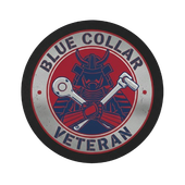 Blue Collar Veteran circular logo with crossed wrenches and a horned helmet in red, blue, and gray