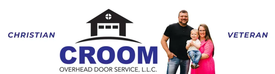 Logo for Croom Overhead Door Service LLC with a house icon and a family beside it; text reads Christian Veteran.