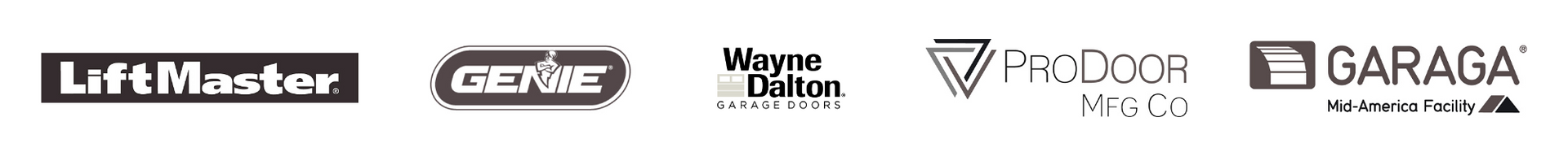 Row of garage door brand logos in black and gray on a white background