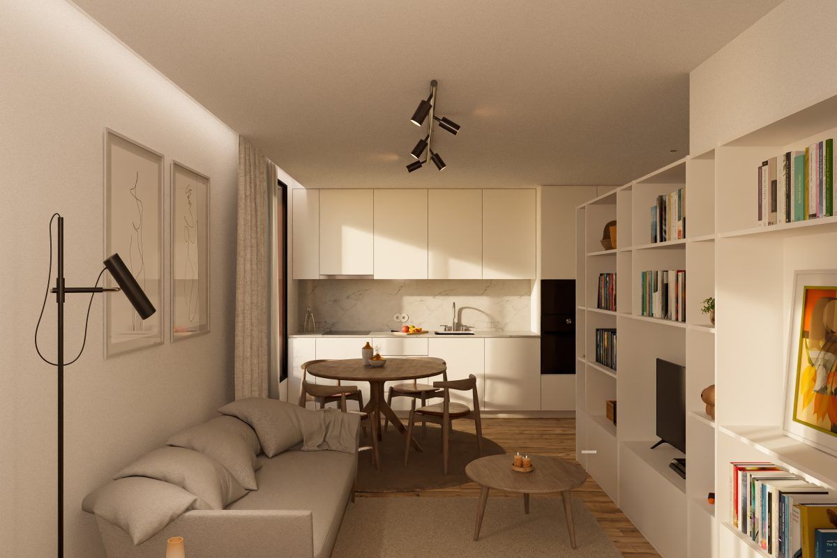 Interior aconchegante de apartamento com salas de estar e jantar, cozinha nos fundos e estantes.