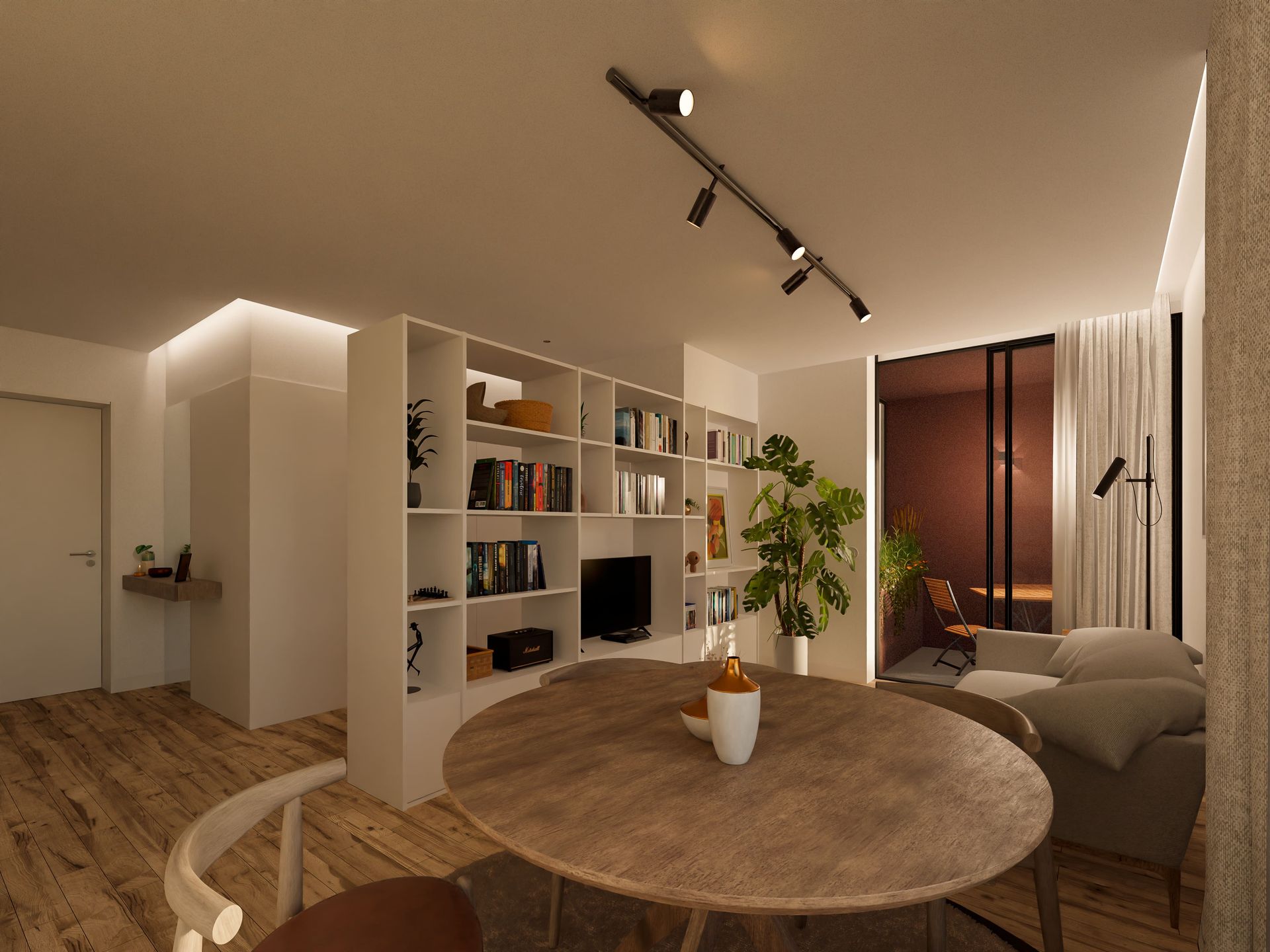 Interior aconchegante de apartamento com divisória de estante, mesa de jantar, área de estar com sofá e piso de madeira.