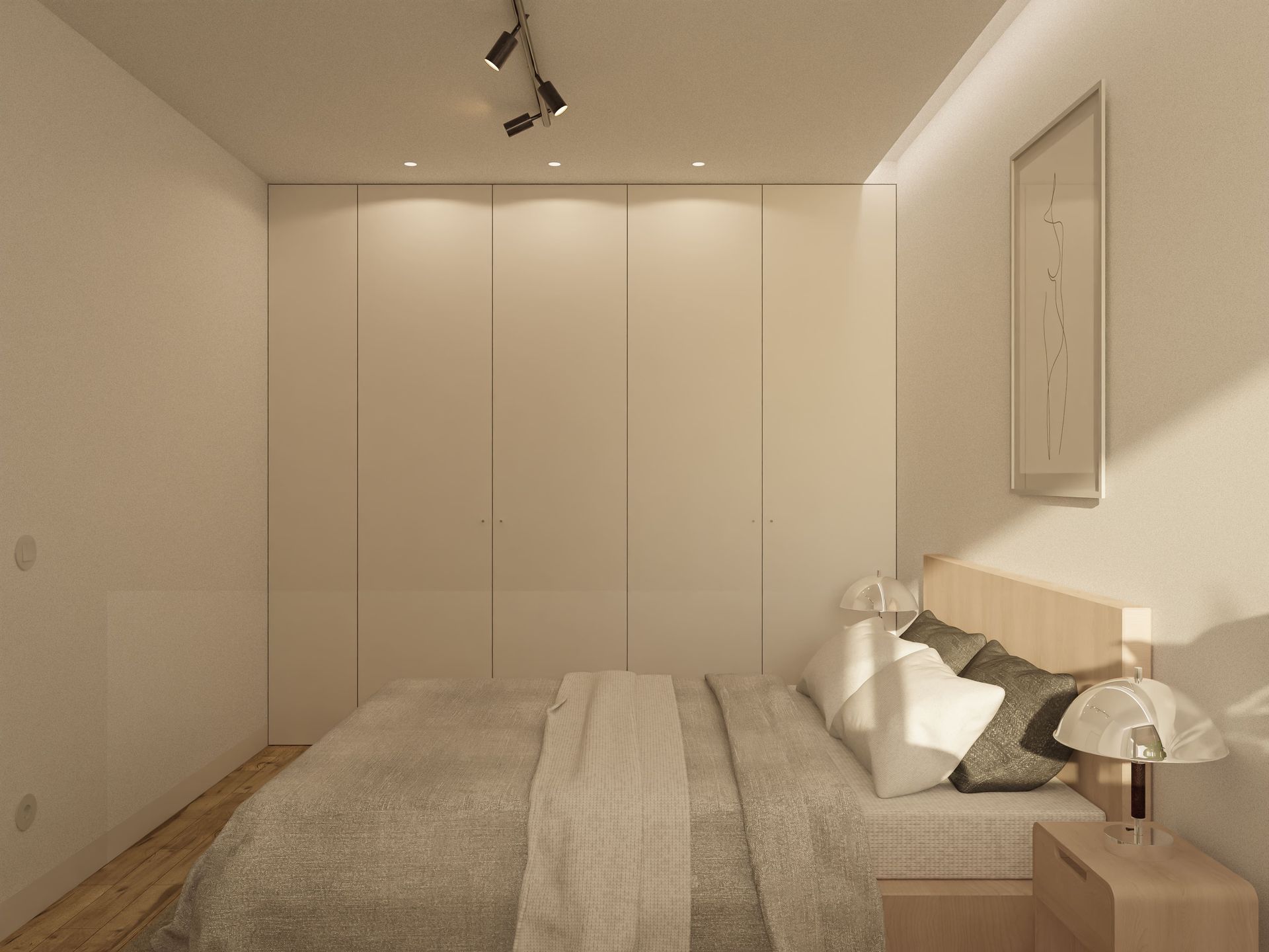 Um quarto pequeno com cama, armário embutido e mesa de cabeceira. O quarto tem cores neutras e design moderno.