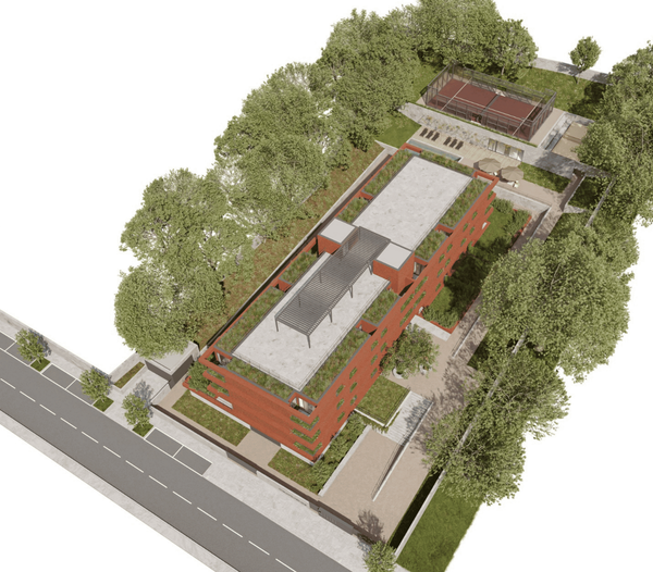 Representação aérea de um edifício de tijolos com telhado verde, mesas ao ar livre e uma quadra de tênis cercada por árvores.