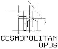 Logotipo da Cosmopolitan Opus com formas geométricas e linhas cruzadas acima do texto