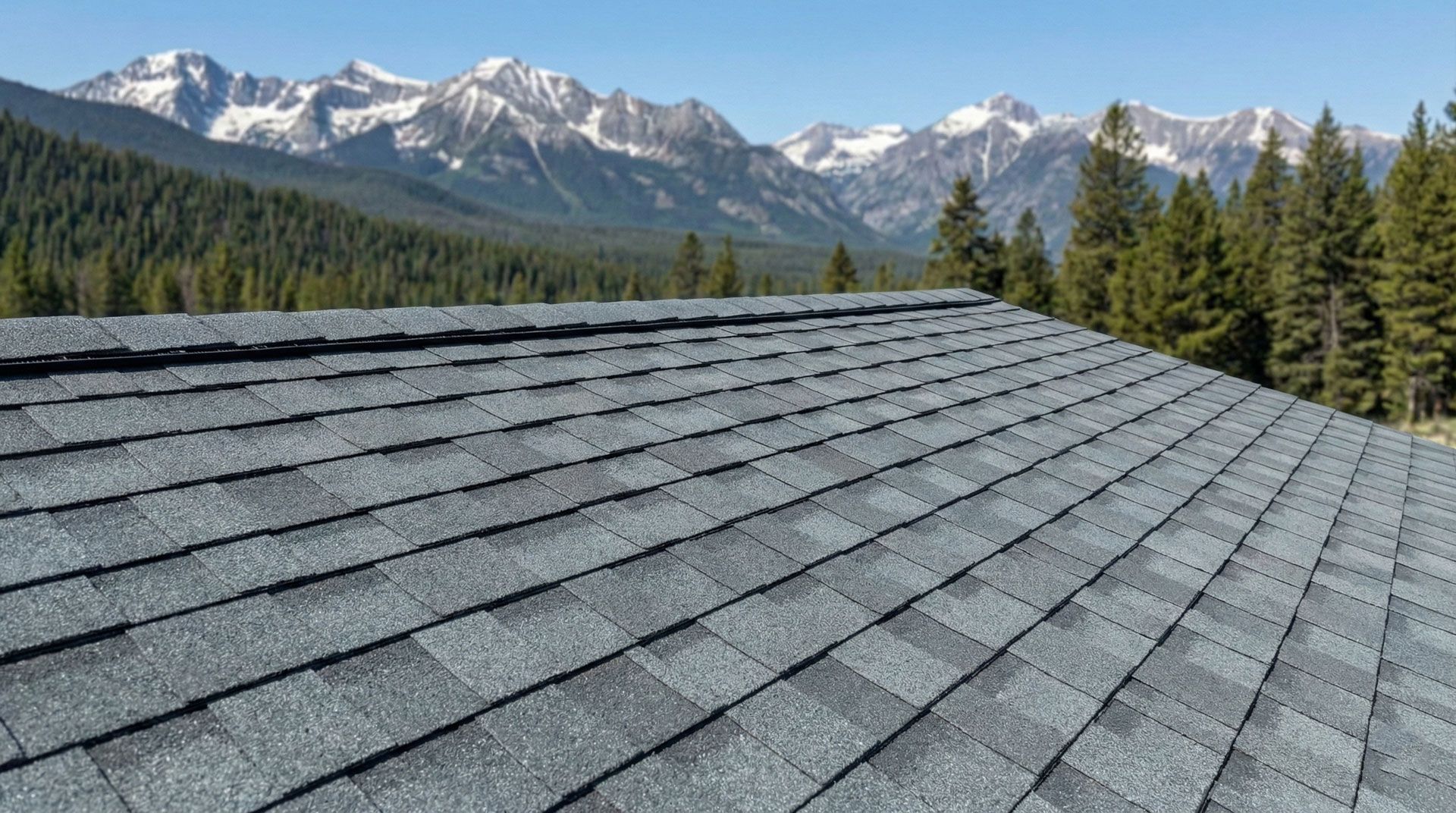 Gray shingled roof in foreground with pine forest and snow-capped mountains under a clear sky
