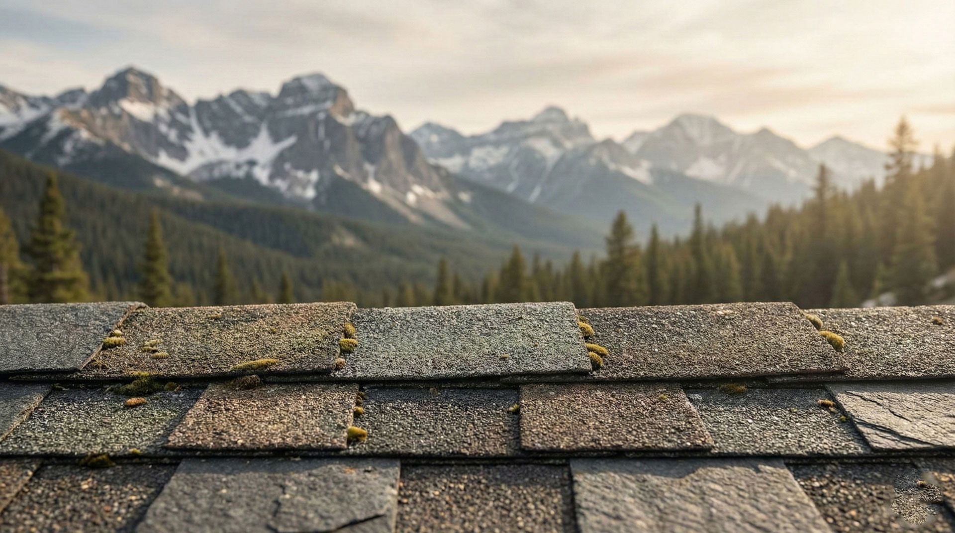 Snowy mountain range beyond a moss-covered shingle roof at sunrise