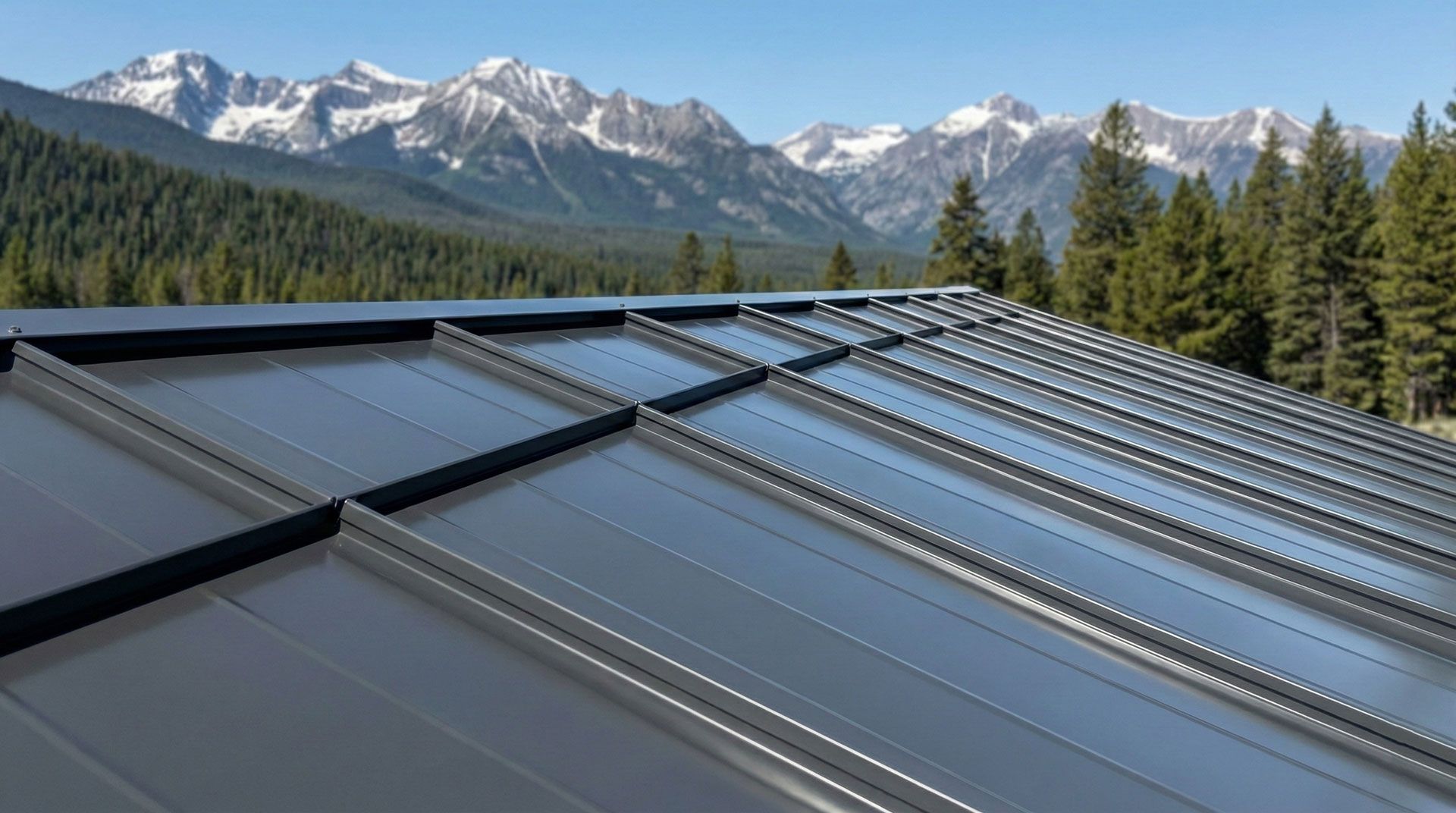 Solar panels on a rooftop with snow-capped mountains and evergreen forest in the background
